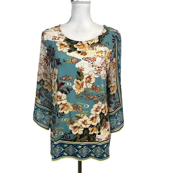 Chico's Blouse Tunic size 1 Medium Green Orange Floral Orchids Stretch Modest - Picture 1 of 8